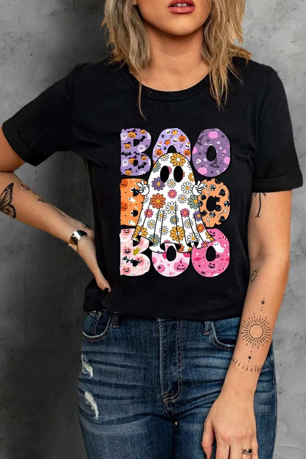 BOO Ghost Graphic Round Neck Short Sleeve T-Shirt - Trendsi - Flyclothing LLC
