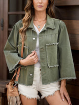 Raw Hem Button Up Denim Jacket - Trendsi - Flyclothing LLC