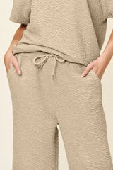 Double Take Full Size Texture Short Sleeve Top and Pants Set - Trendsi - Flyclothing LLC