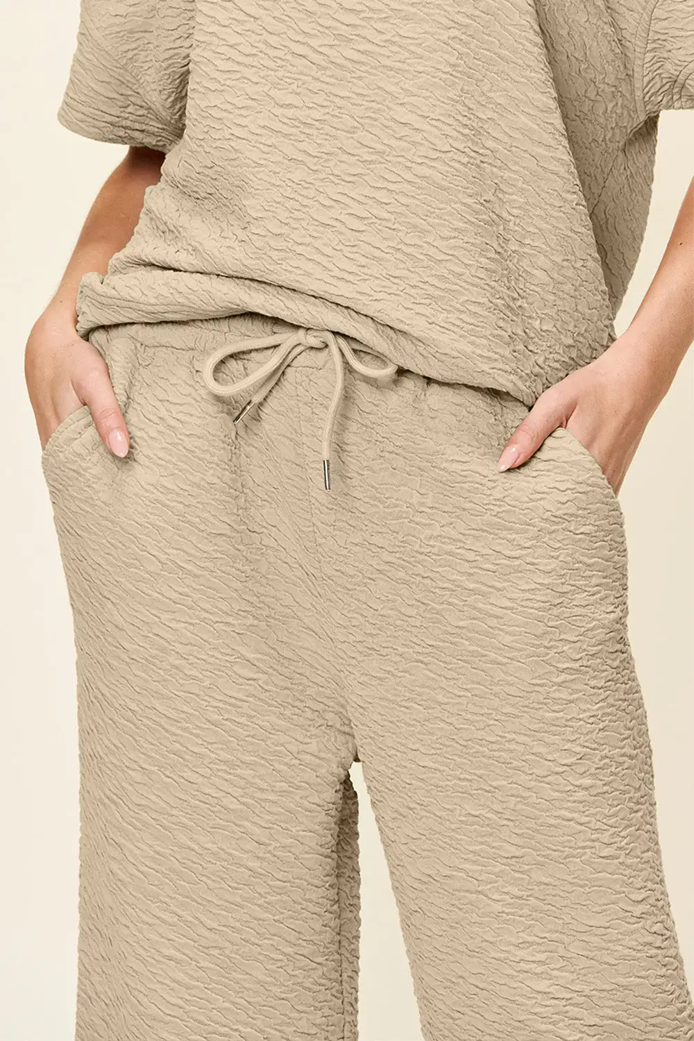 Double Take Full Size Texture Short Sleeve Top and Pants Set - Trendsi - Flyclothing LLC