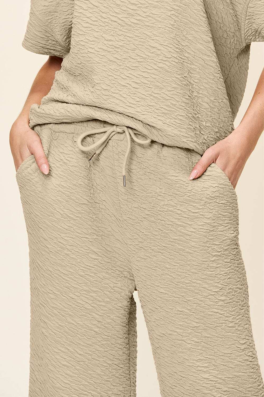 Double Take Full Size Texture Short Sleeve Top and Pants Set - Trendsi - Flyclothing LLC