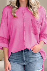 Pocketed Round Neck Three-Quarter Sleeve T-Shirt - Trendsi - Flyclothing LLC