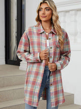 Plaid Collared Neck Long Sleeve Shirt - Trendsi - Flyclothing LLC