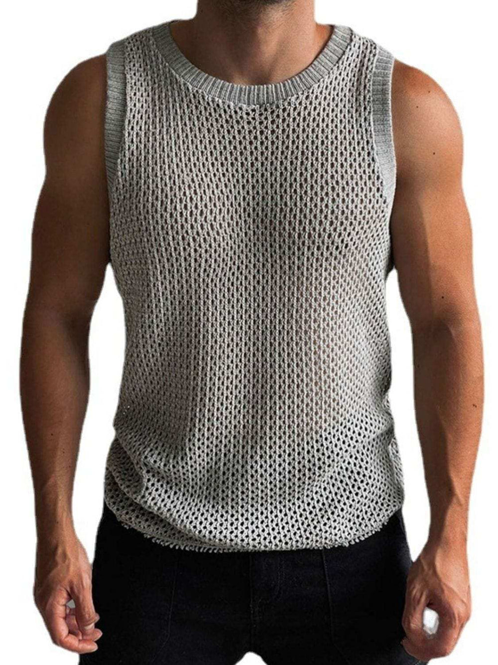 Men's Round Neck Hollow Out Sleeveless Knit Top - Trendsi - Flyclothing LLC