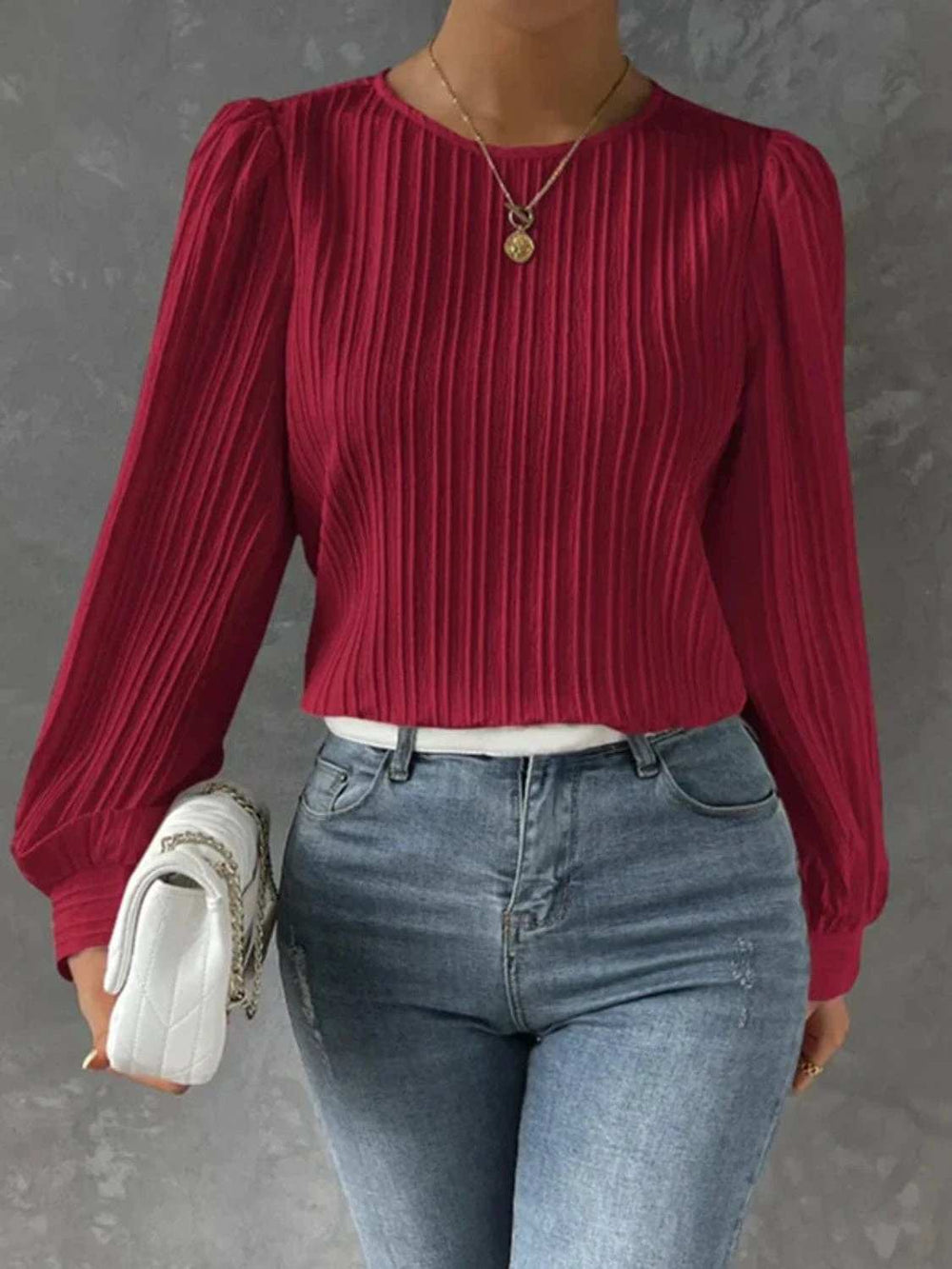Round Neck Long Sleeve Blouse - Trendsi - Flyclothing LLC