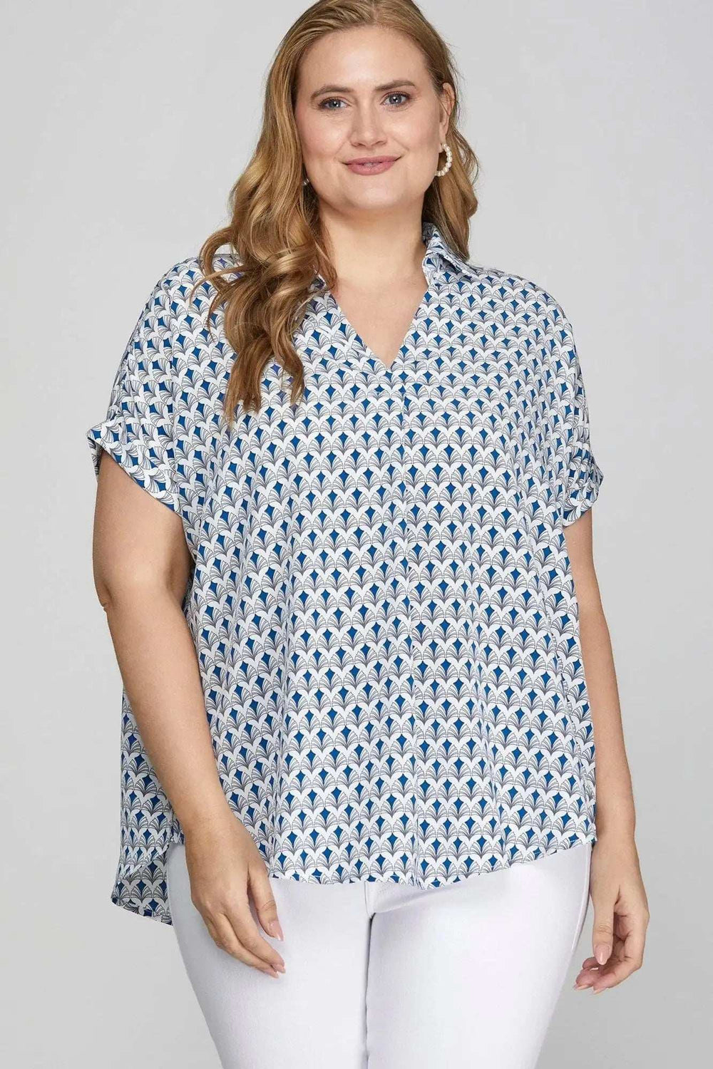 She + Sky Full Size Printed Johnny Collar Short Sleeve Blouse Plus Size - Trendsi - Flyclothing LLC