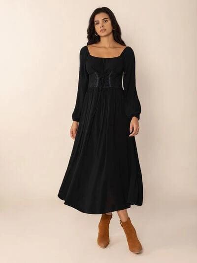 Lace-Up Square Neck Long Sleeve Midi Dress - Trendsi