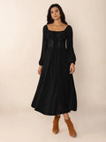 Lace-Up Square Neck Long Sleeve Midi Dress - Trendsi