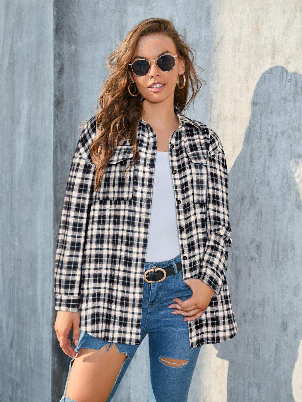 Plaid Button Up Pocketed Shirt - Trendsi - Flyclothing LLC