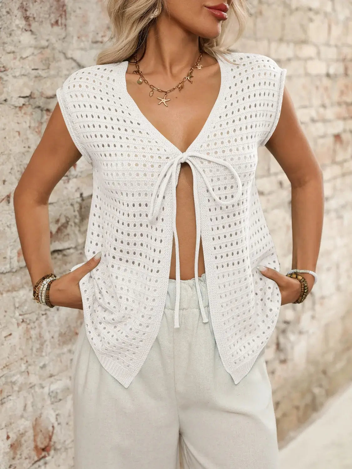 Tied Front Openwork V-Neck Knit Top - Trendsi - Flyclothing LLC