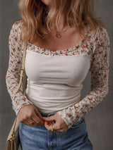 Floral Lace Patchwork Square Neck Long Sleeve Top - Trendsi - Flyclothing LLC