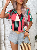 Printed V-Neck Short Sleeve Blouse - Trendsi - Flyclothing LLC
