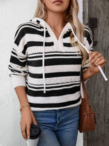 Drawstring Striped Long Sleeve Hooded Sweater - Trendsi - Flyclothing LLC