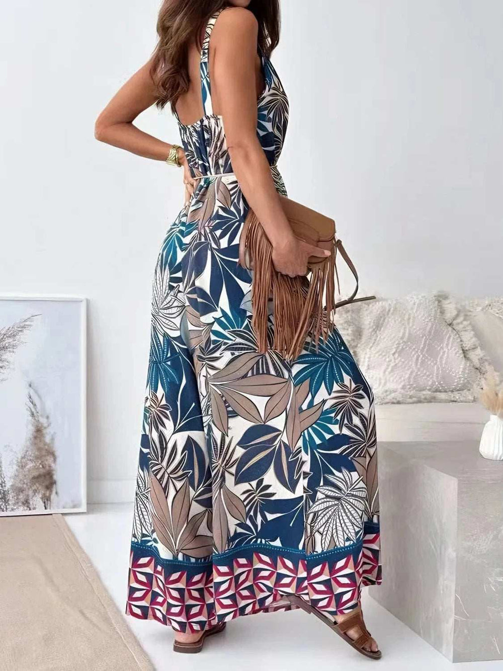 Printed V-Neck Wide Leg Jumpsuit - Trendsi - Flyclothing LLC