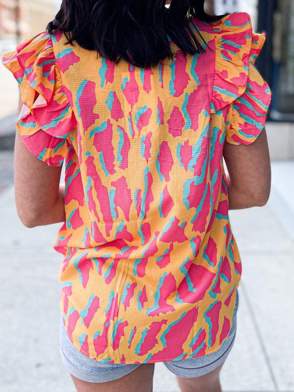 Ruffled Printed V-Neck Cap Sleeve Blouse - Trendsi - Flyclothing LLC