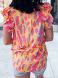 Ruffled Printed V-Neck Cap Sleeve Blouse - Trendsi - Flyclothing LLC