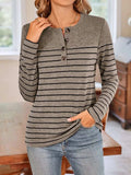 Lovelet Quarter Button Striped Round Neck Long Sleeve T-Shirt - Trendsi - Flyclothing LLC