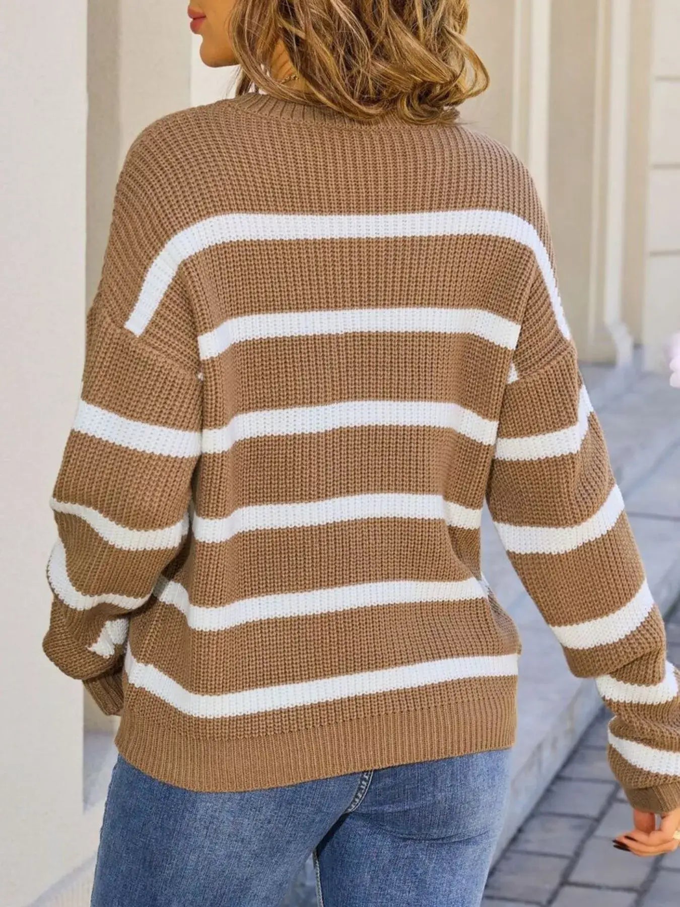 Striped Round Neck Dropped Shoulder Sweater - Trendsi - Flyclothing LLC