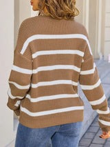 Striped Round Neck Dropped Shoulder Sweater - Trendsi - Flyclothing LLC