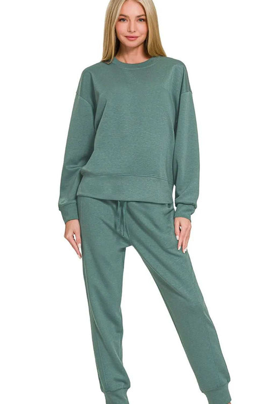 Zenana Scuba Crewneck Pullover & Joggers 2 Pieces Set - Trendsi - Flyclothing LLC
