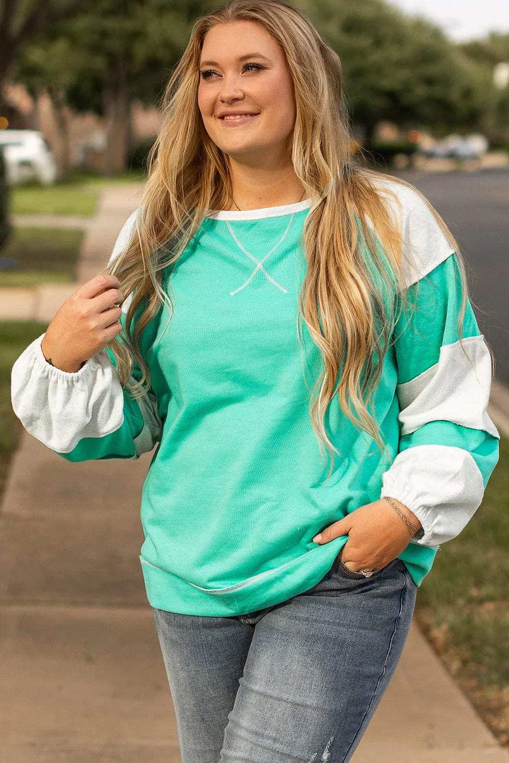 Plus Size Exposed Seam Color Block Long Sleeve Sweatshirt - Trendsi - Flyclothing LLC