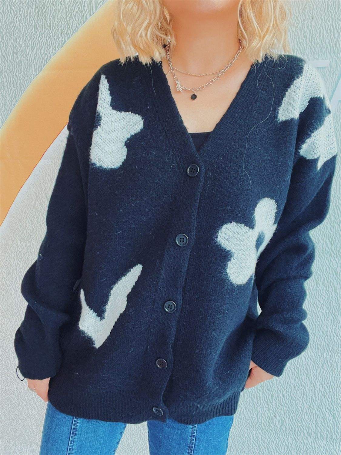 Flower Button Down V-Neck Long Sleeve Cardigan - Trendsi - Flyclothing LLC