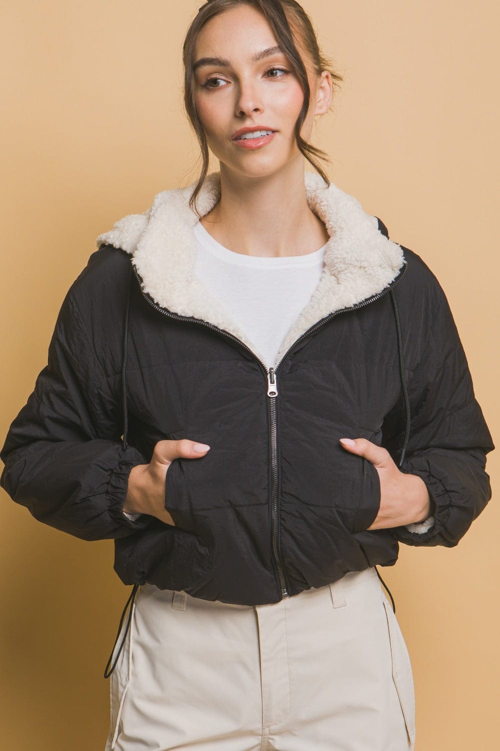Love Tree Zip Up Cropped Hooded Sherpa Reversible Jacket - Trendsi