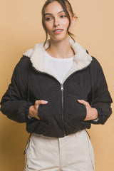 Love Tree Zip Up Cropped Hooded Sherpa Reversible Jacket - Trendsi