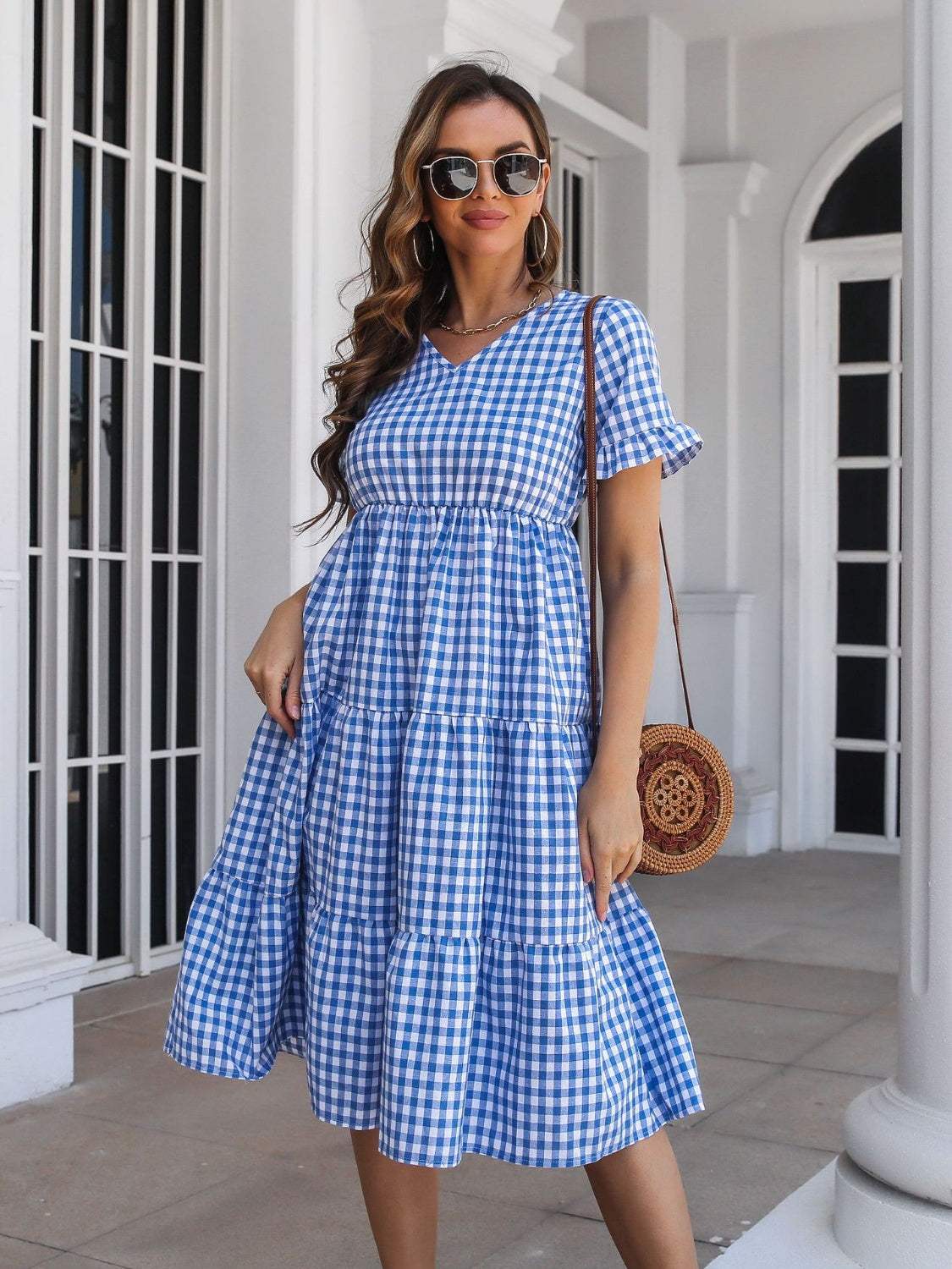 Plaid V-Neck Short Sleeve Midi Dress - Trendsi - Flyclothing LLC