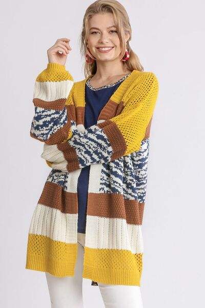 Umgee Full Size Color Block Open Front Longline Cardigan Plus Size - Trendsi - Flyclothing LLC