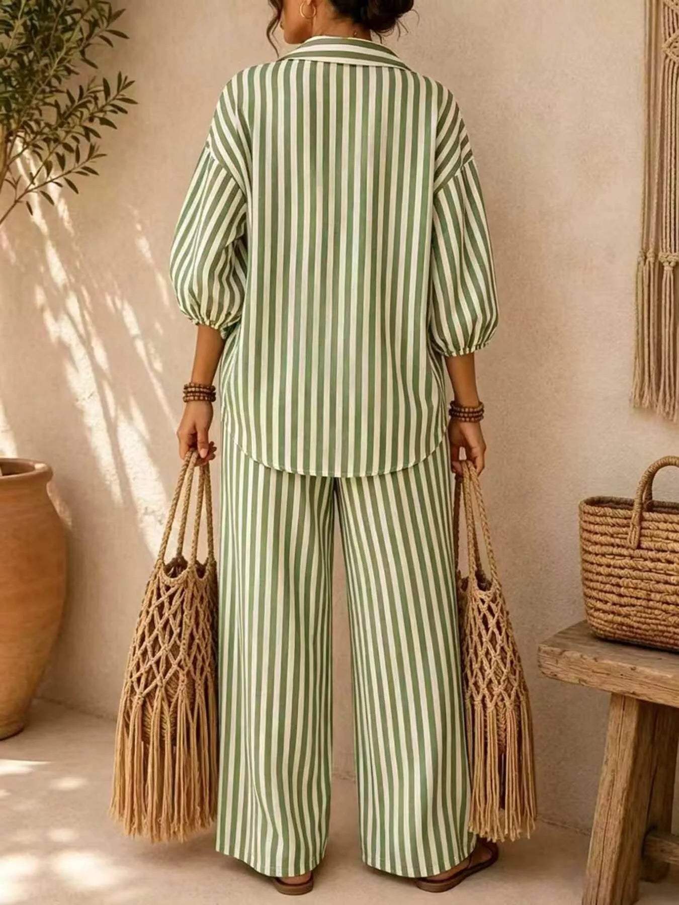 Full Size Striped Puff Sleeve Shirt and Wide-Leg Drawstring Pants Set Plus Size - Trendsi - Flyclothing LLC