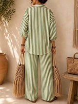 Full Size Striped Puff Sleeve Shirt and Wide-Leg Drawstring Pants Set Plus Size - Trendsi - Flyclothing LLC