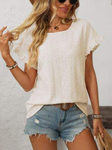 Mandy Eyelet Round Neck Short Sleeve Top - Trendsi - Flyclothing LLC