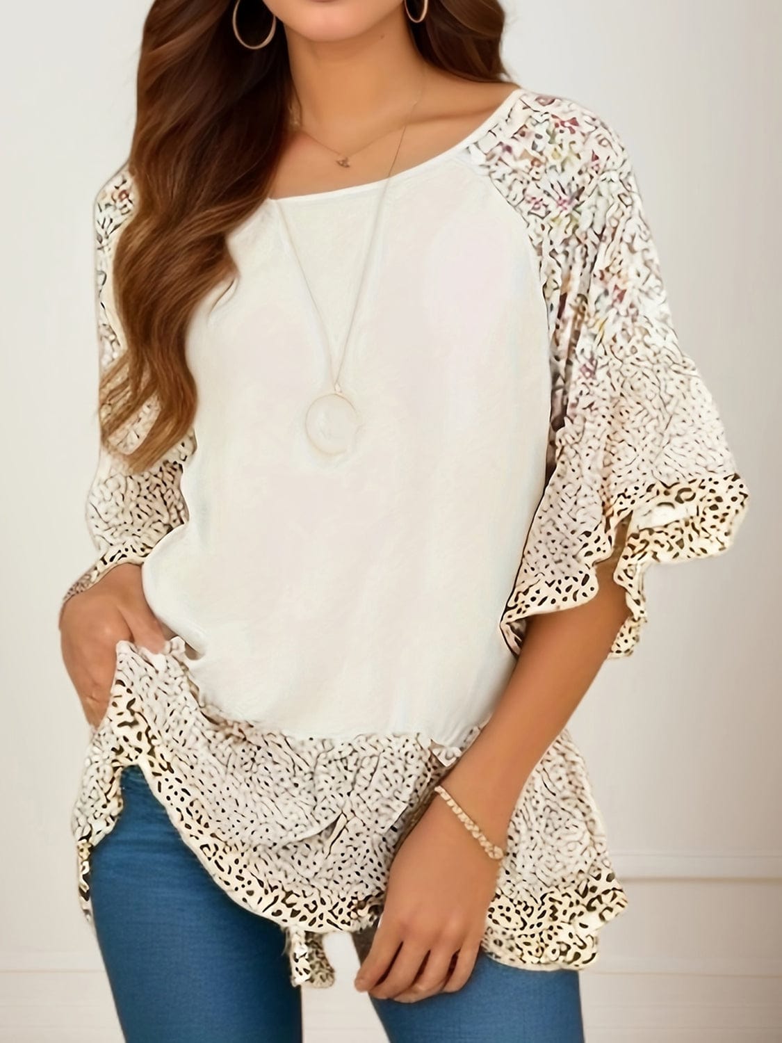 Full Size Frill Printed Round Neck Half Sleeve Blouse - Trendsi