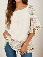 Full Size Frill Printed Round Neck Half Sleeve Blouse - Trendsi