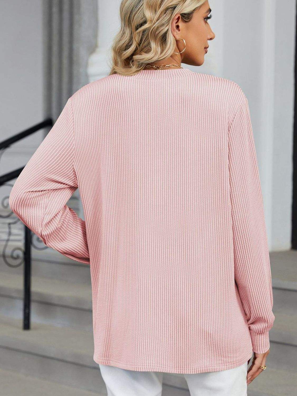 Striped Notched Long Sleeve T-Shirt - Trendsi - Flyclothing LLC