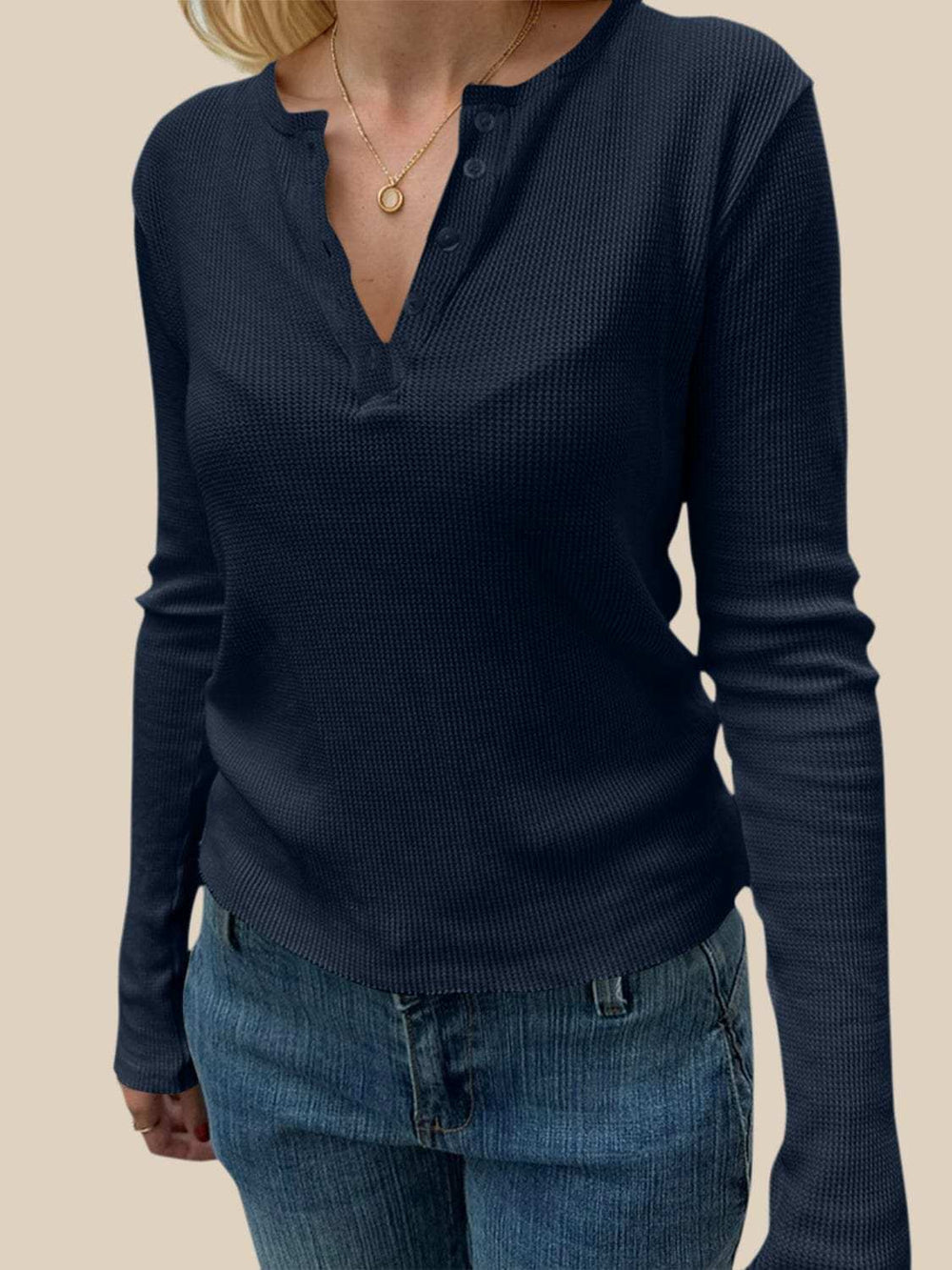 Devine Quarter Button Long Sleeve T-Shirt - Trendsi - Flyclothing LLC