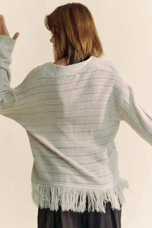 Davi & Dani Fringe V-Neck Button Up Long Sleeve Cardigan - Trendsi - Flyclothing LLC