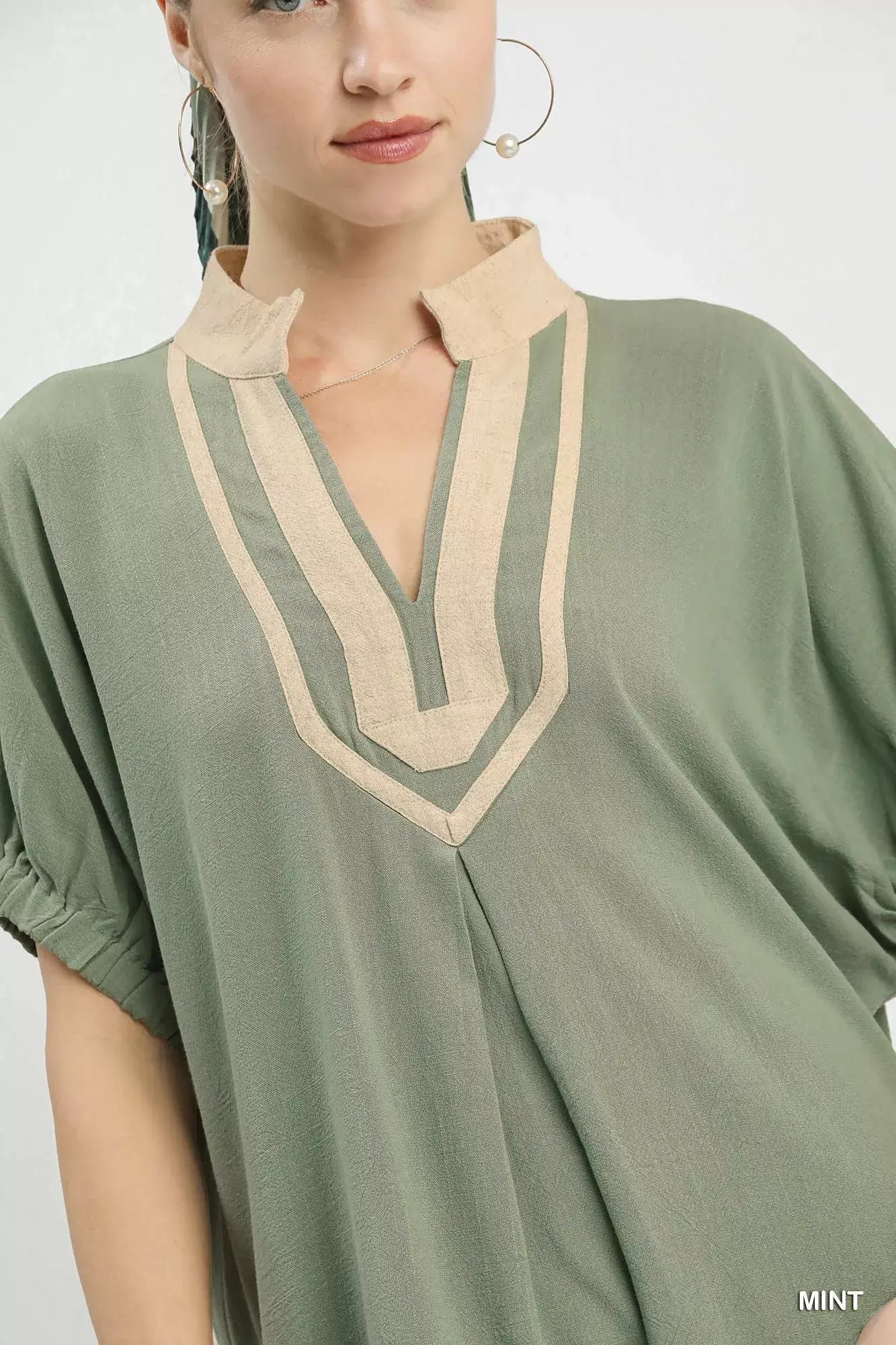Umgee Linen Contrast Trim V-Neck Blouse - Trendsi - Flyclothing LLC