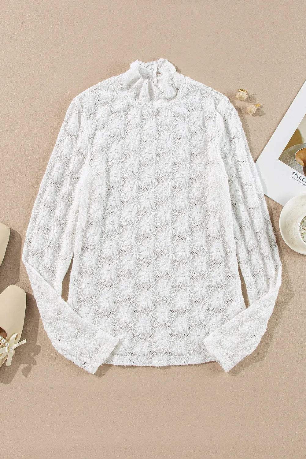 Lace Mock Neck Long Sleeve Top - Trendsi - Flyclothing LLC