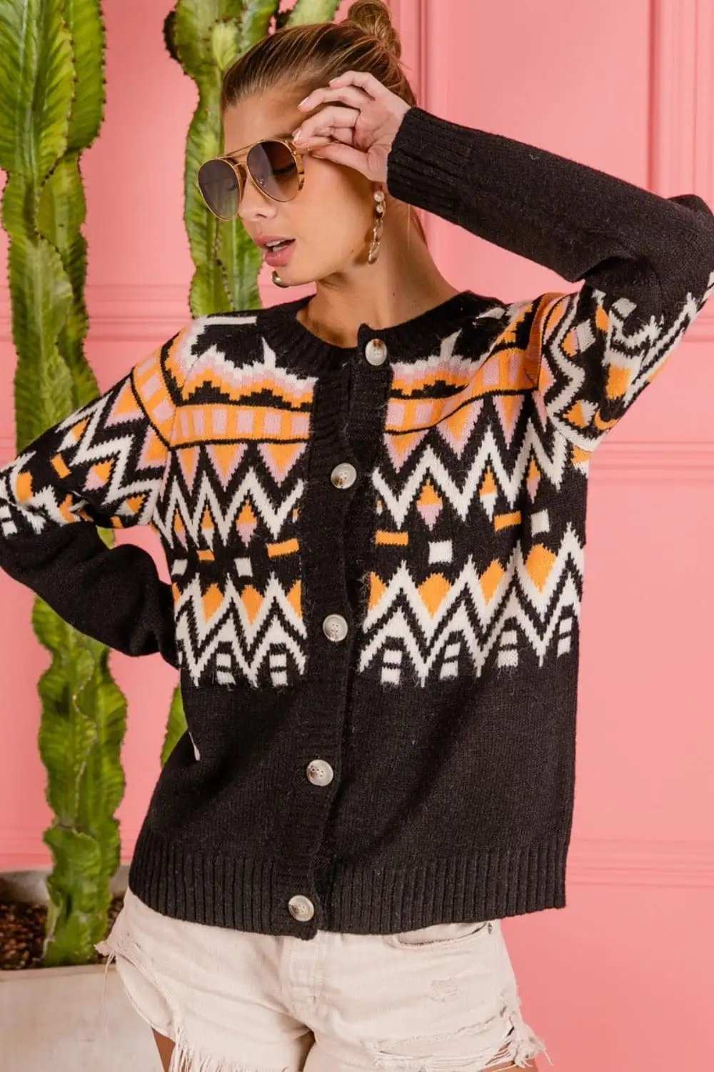 BiBi Ethnic Pattern Button Up Knit Cardigan - Trendsi - Flyclothing LLC