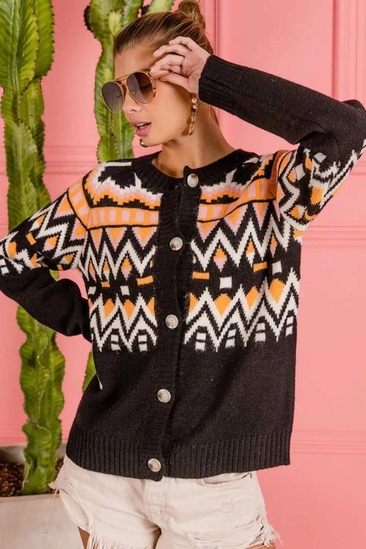 BiBi Ethnic Pattern Button Up Knit Cardigan - Trendsi - Flyclothing LLC