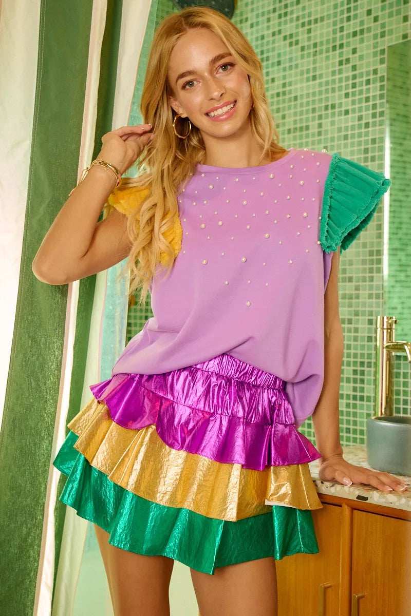 BiBi Mardi Gras Color Block Metallic Tiered Skirt - Trendsi - Flyclothing LLC