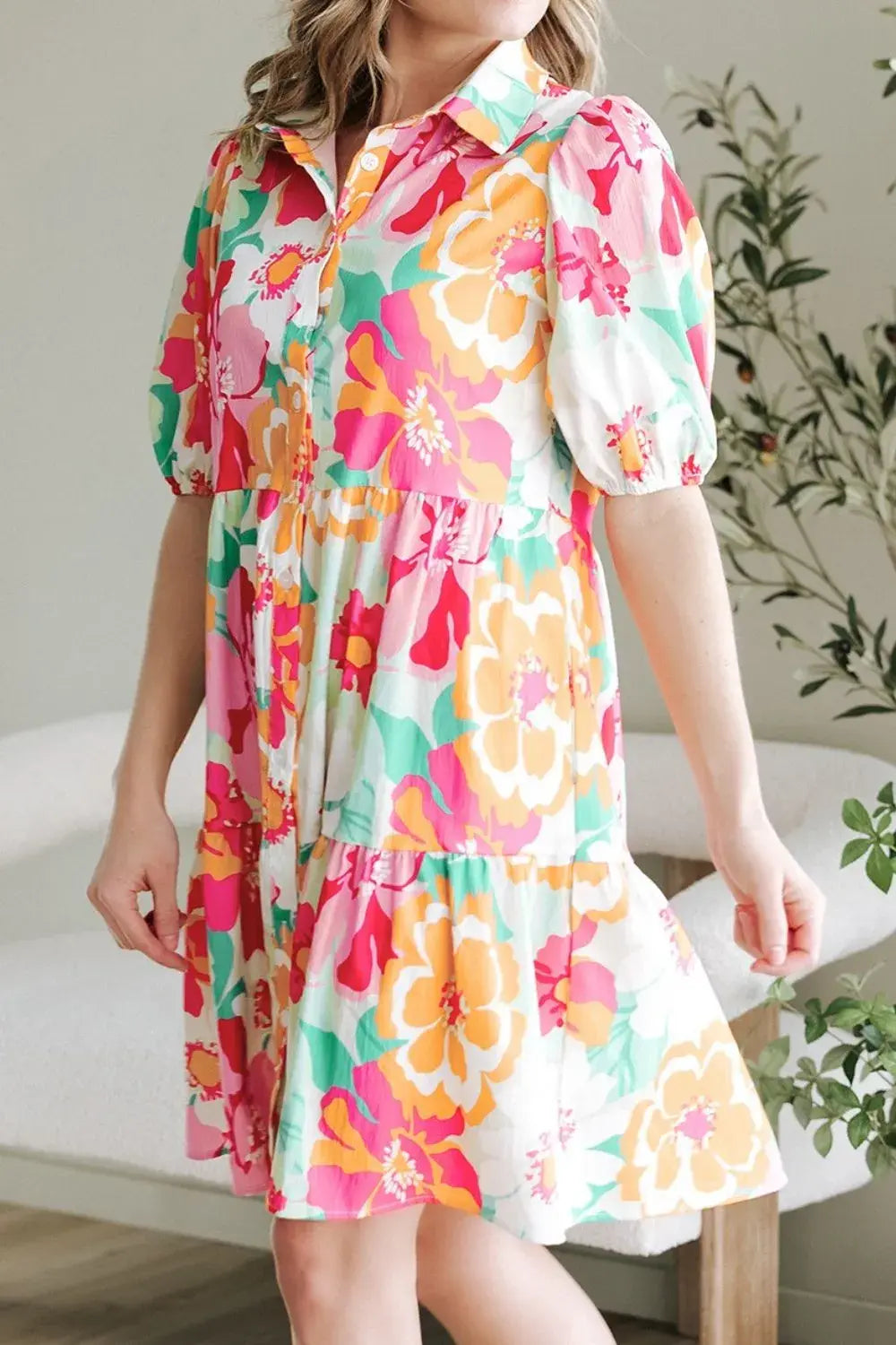 Button Down Floral Puff Sleeve Babydoll Dress - Trendsi - Flyclothing LLC
