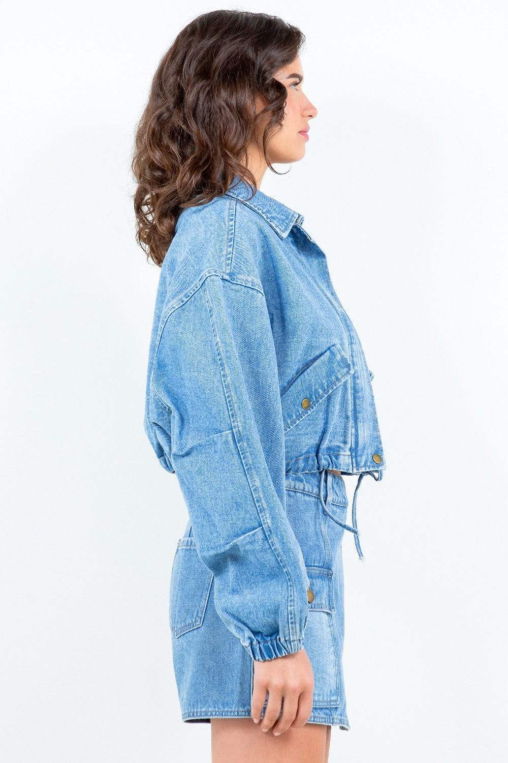American Bazi Drawstring Waist Crop Denim Jacket - Trendsi - Flyclothing LLC