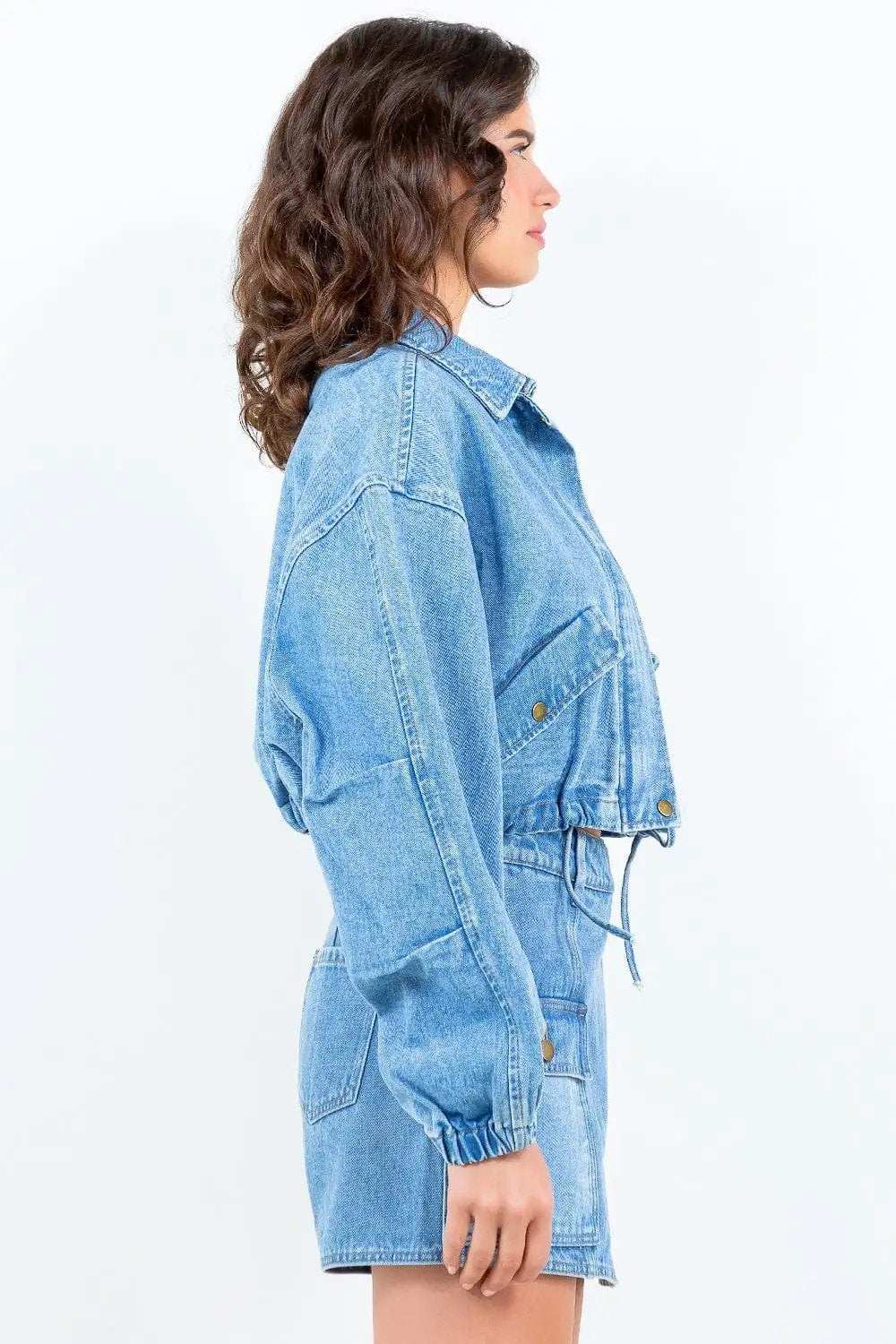 American Bazi Drawstring Waist Crop Denim Jacket - Trendsi - Flyclothing LLC