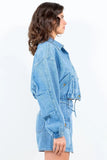 American Bazi Drawstring Waist Crop Denim Jacket - Trendsi