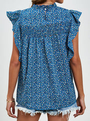 Ruffled Ditsy Floral Mock Neck Cap Sleeve Blouse - Trendsi
