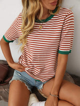 Mandy Striped Round Neck Half Sleeve Knit Top - Trendsi - Flyclothing LLC