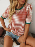Mandy Striped Round Neck Half Sleeve Knit Top - Trendsi